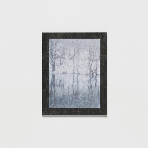 Back cover of the book "Songen" by Julia Hetta: framed winter landscape with snow‑covered trees reflected in calm water.