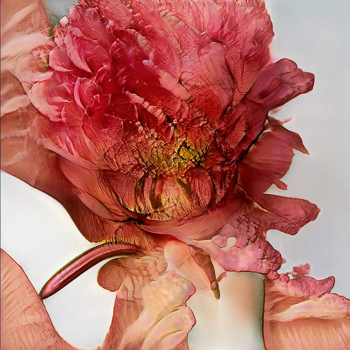 Primo piano artistico di un fiore rosso e rosa, con petali traslucidi e texture organiche dettagliate su sfondo chiaro.