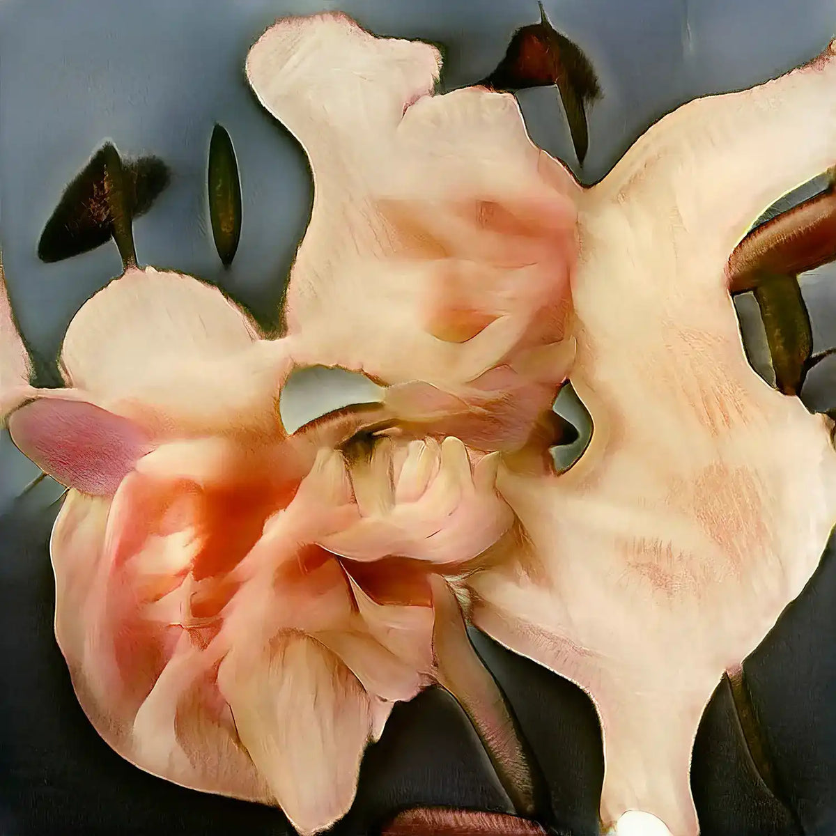 Composizione astratta di petali color crema e rosa tenue, intrecciati con elementi vegetali scuri su sfondo grigio.