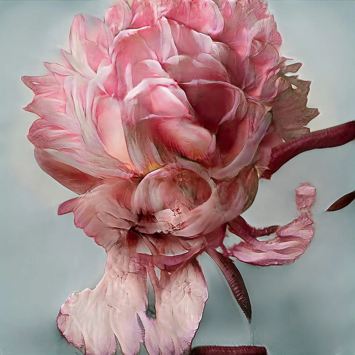 Grande fiore rosa dalla struttura stratificata, con petali delicati e forme organiche su sfondo grigio chiaro.